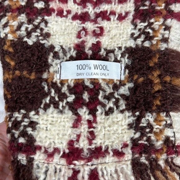 Wool Tartan Plaid Boucle Cream Brown Burgundy Scarf Unisex - Picture 8 of 8